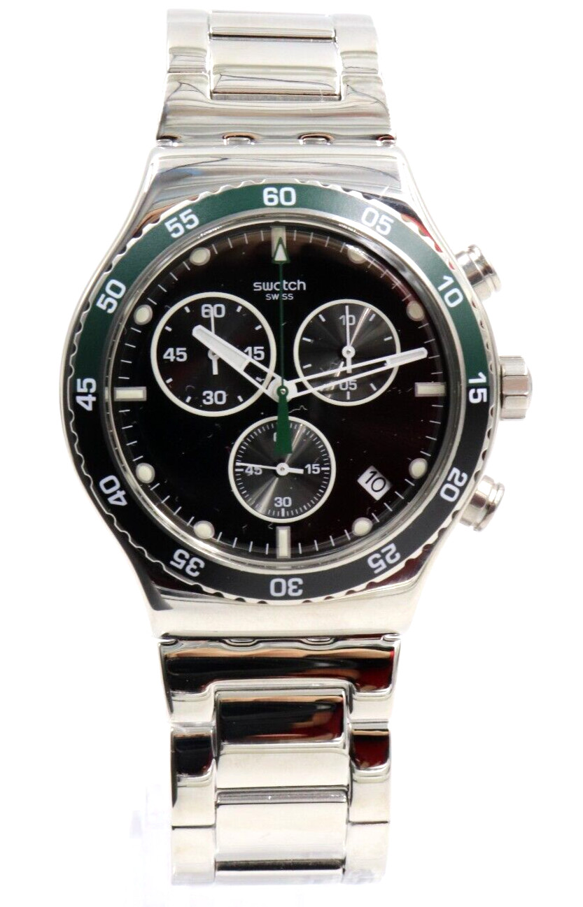 New Swiss Swatch Dark Green Irony Chronograph Steel Date Watch 44mm YVS506G $210