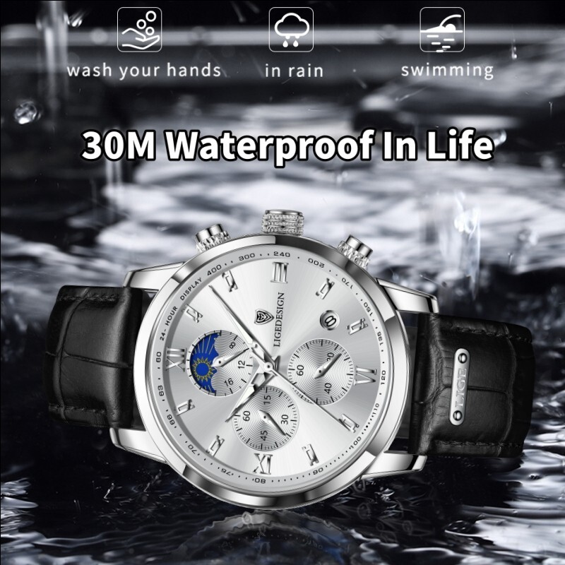 LIGE Men Quartz Watch Date Luminous Leather Strap Waterproof Business Wristwatch