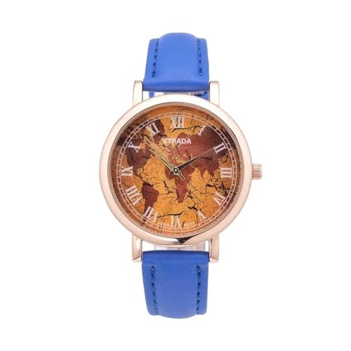 Japanese Movement Earth Pattern Dial Watch in Blue Faux Leather Strap