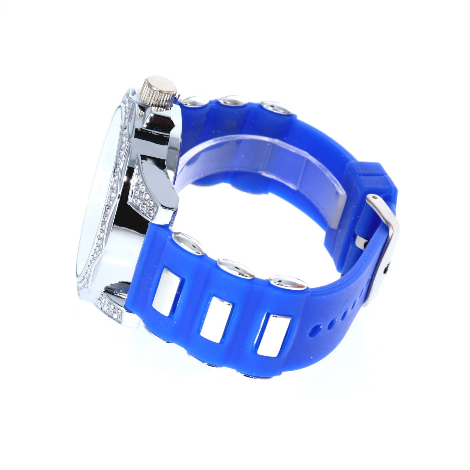 Men Gold Silver Fully Iced Bling Bezel Blue Silicon Bullet Band Hip Hop Watch