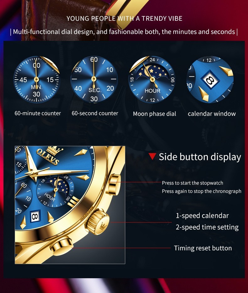 OLEVS 3609 Luminous Night Light Three Dial Japan Movement Leather Quartz Watch