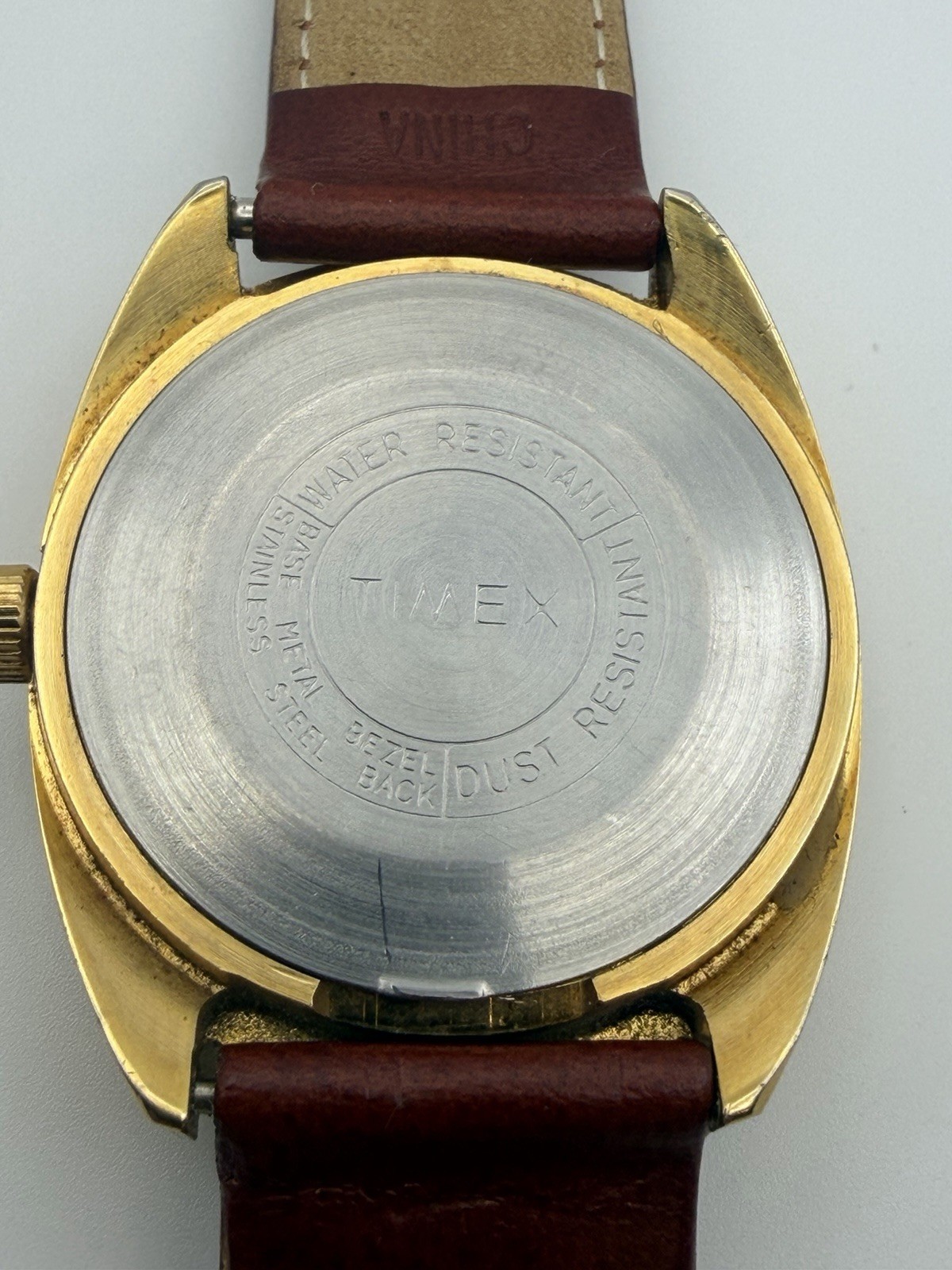 Vintage Timex Automatic Day Date Gold Dial Men’s Watch Brown Strap