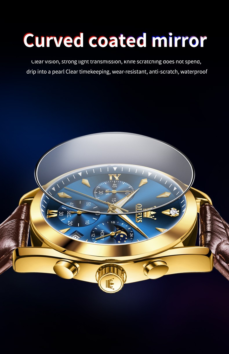 OLEVS 3609 Luminous Night Light Three Dial Japan Movement Leather Quartz Watch