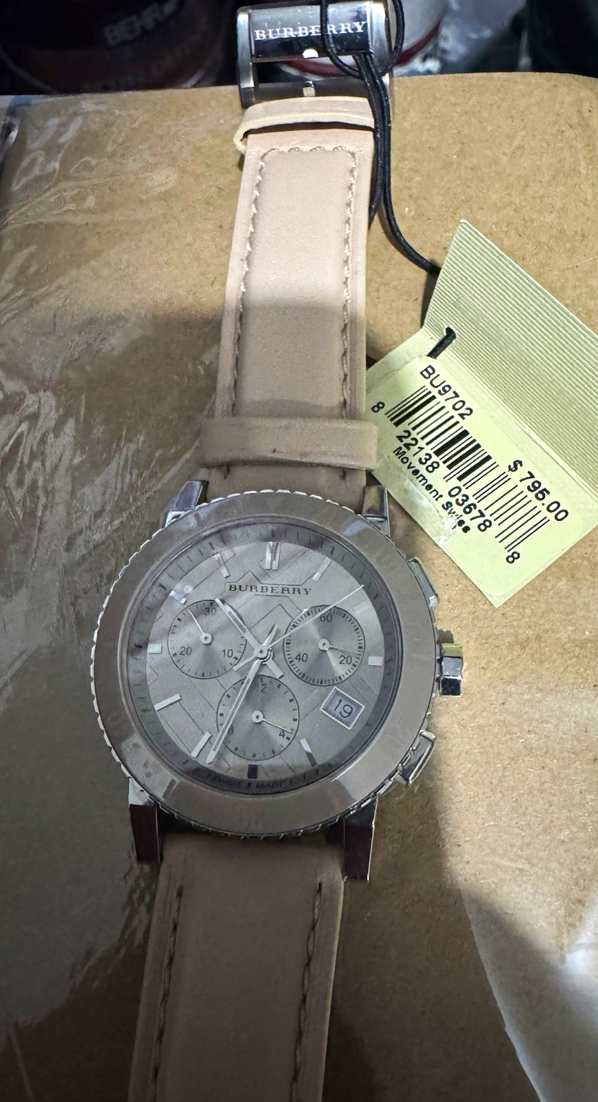 Burberry Swiss Made Quartz Chronograph Date Gray Dial Beige Leather 38mm case