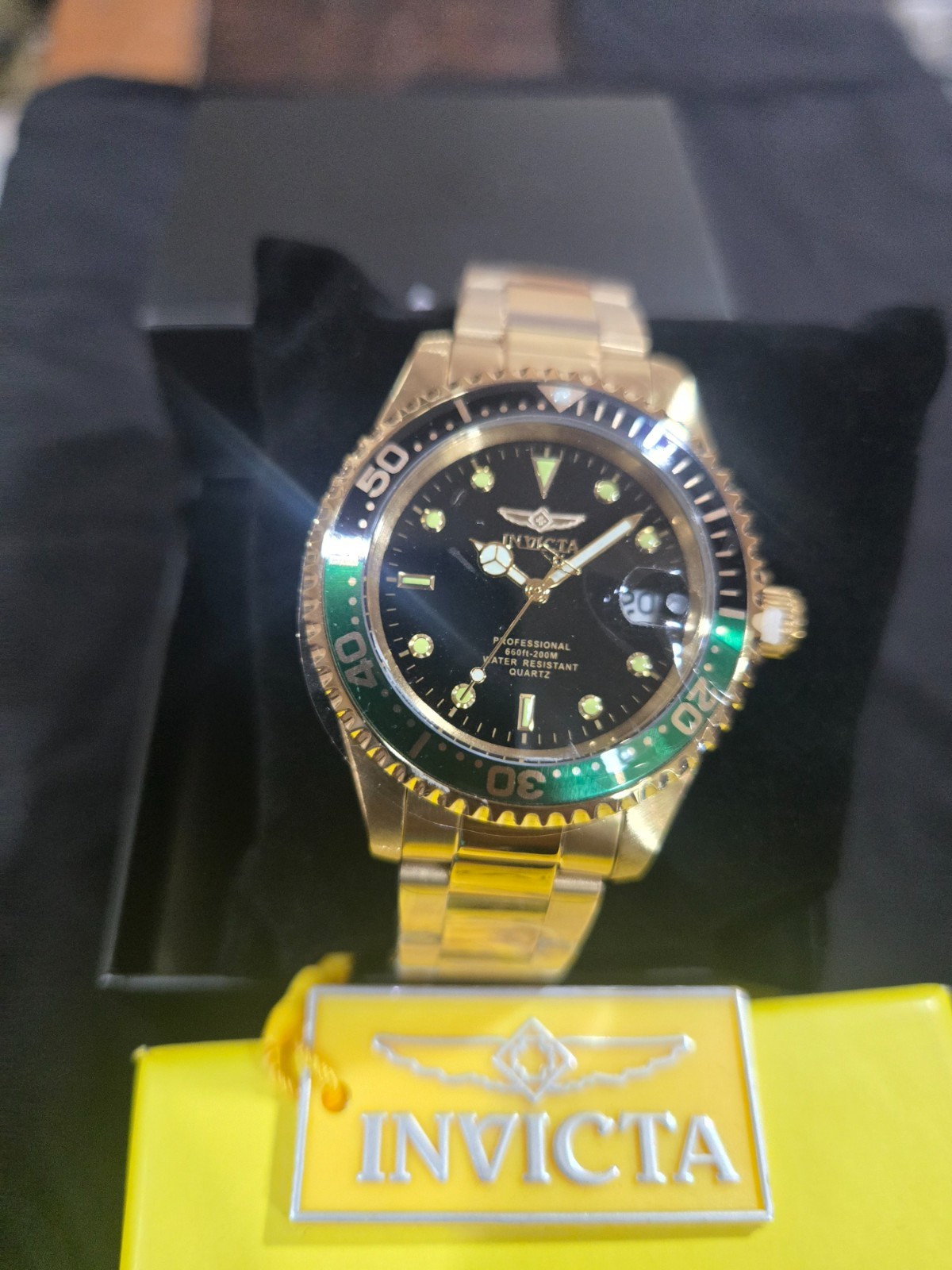 Invicta Pro Diver Men 37.5mm Japan Quartz Black Dial Gold SS 200m Date NWT