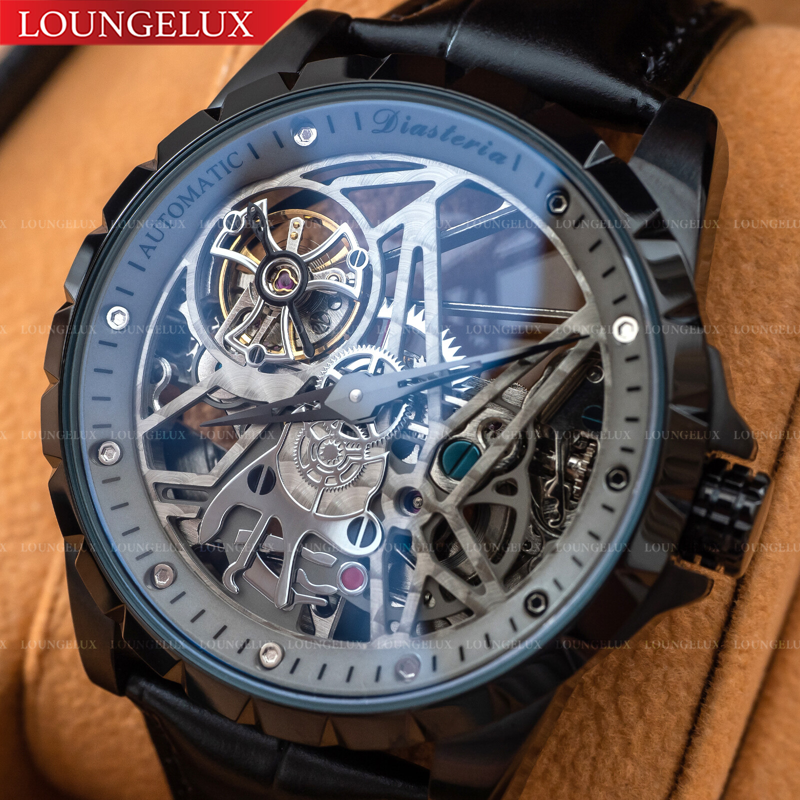 Mens Skeleton Automatic Mechanical Watch – Black Grey Dial Black Leather Strap