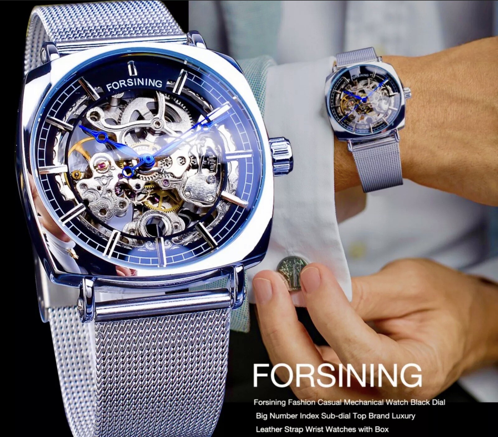 FORSINING Skeleton Transparent Self Winding Watch Stainless Mesh Band. Gift Idea