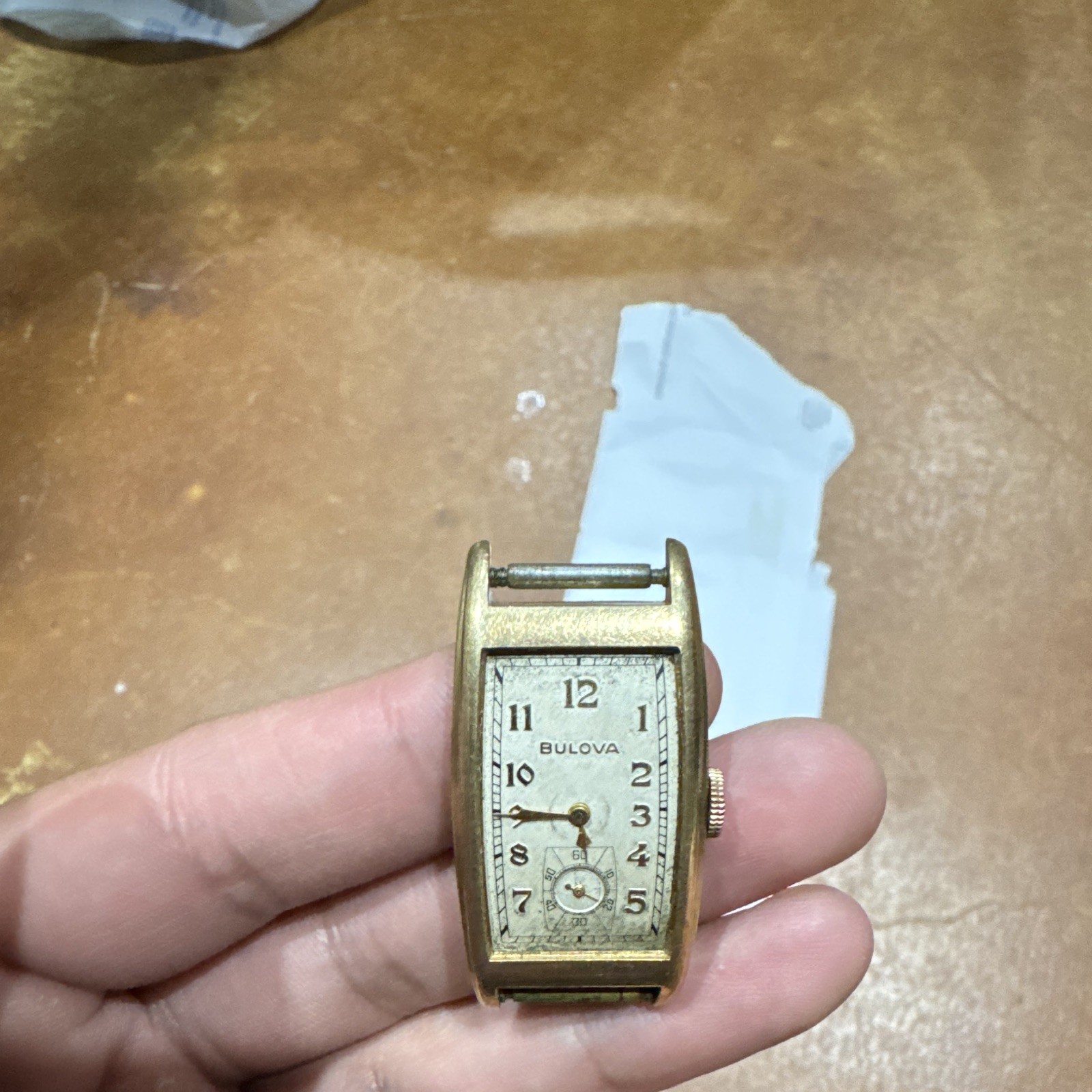 Bulova Art Deco Rectangle Manual Wind Gold Plated Silver Dial 15J Leather