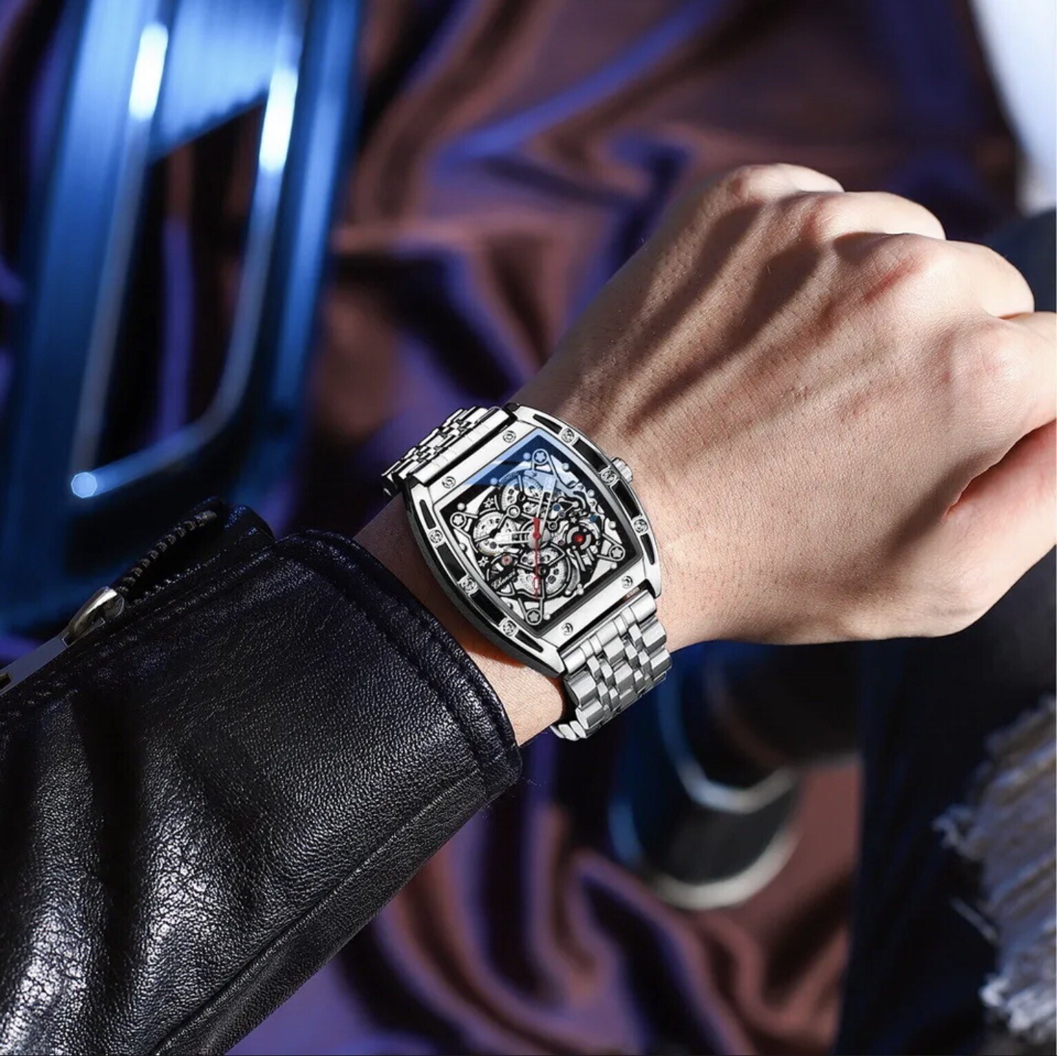 CHENXI Men’s Skeleton Automatic Mechanical Tonneau Shaped Watch Waterproof Gift