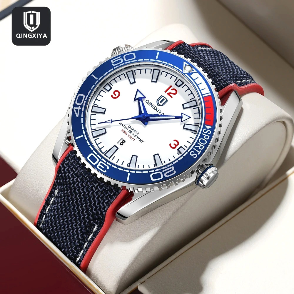 44MM QINGXIYA Quartz Diver Men’s Watch Nylon 30M Waterproof Date Luminous NEW