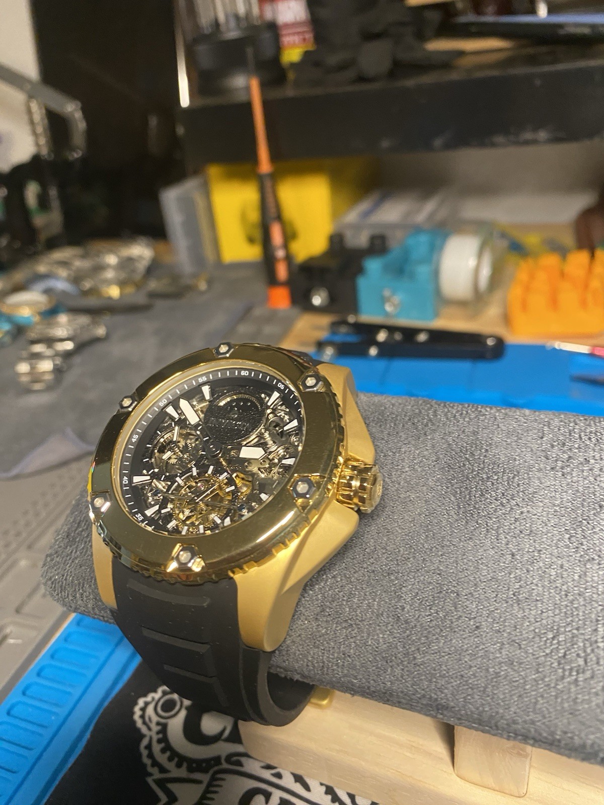 Invicta Bolt Men’s Automatic Skeleton Dial Gold Tone Black Strap 100m Watch
