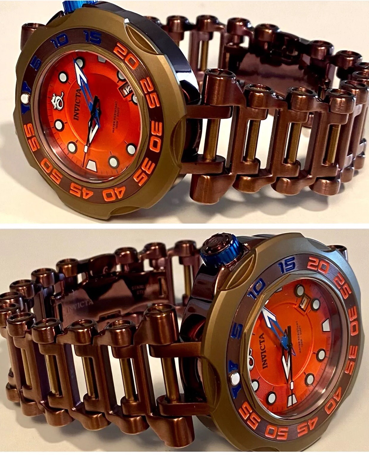 50mm Auto Brown Link-Bracelet SUBAQUA Orange Dial Invicta Mens Watch