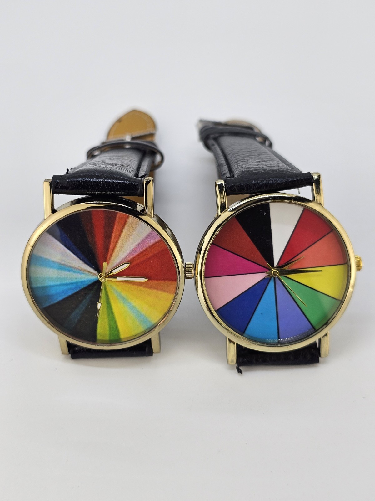 2X Unisex Watch 38MM Rainbow Dial Black Faux Leather Bands New Battery