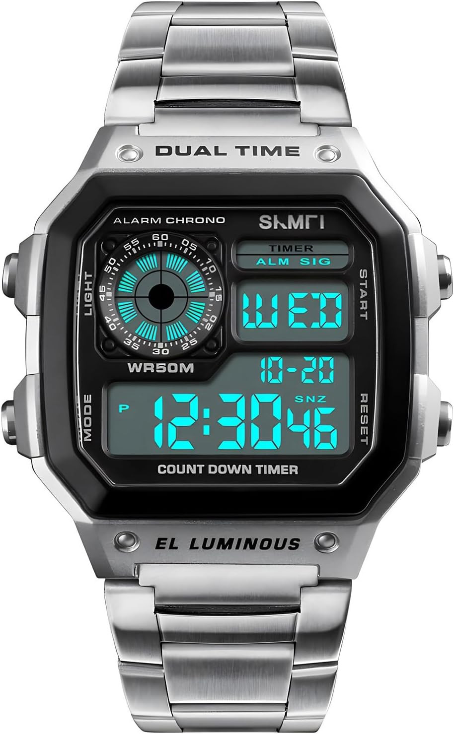Reloj Digital Multifuncion Hombre Doble Hora Alarma Cronometro Retroiluminado