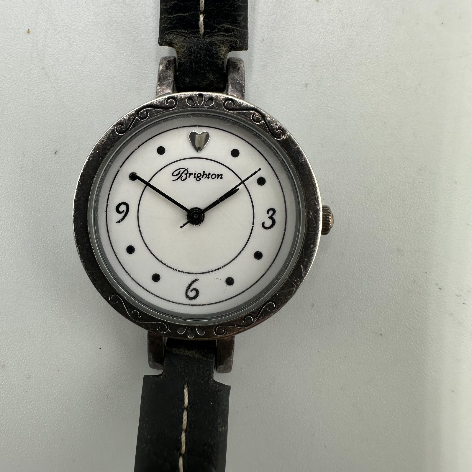 Brighton Basel Watch Women Silver Plated Black Leather Band New Battery 8.5″