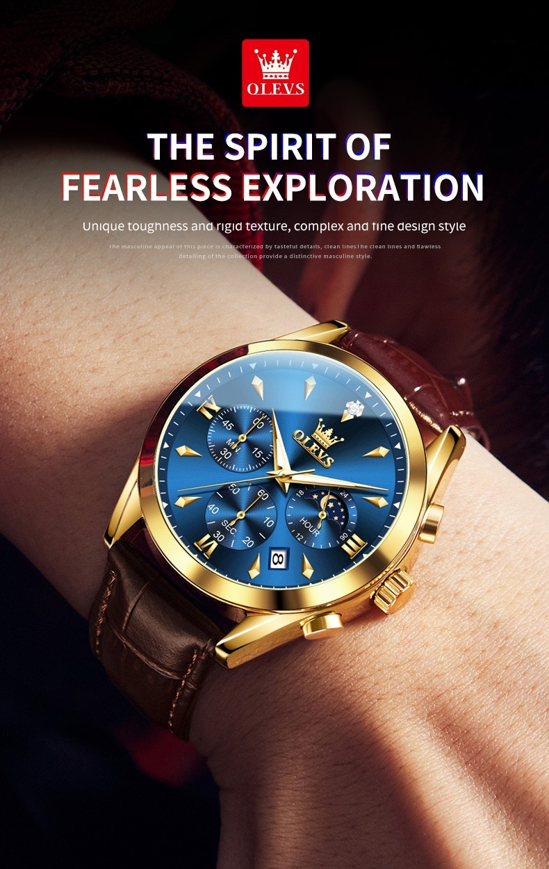 OLEVS 3609 Luminous Night Light Three Dial Japan Movement Leather Quartz Watch