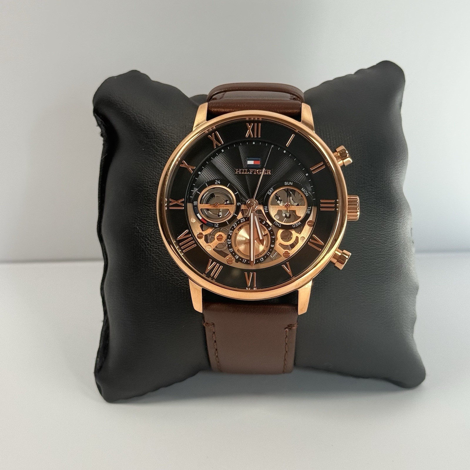 TOMMY HILFIGER LEGEND 1710566 44mm Men’s Watch Black Dial Brown Leather Band
