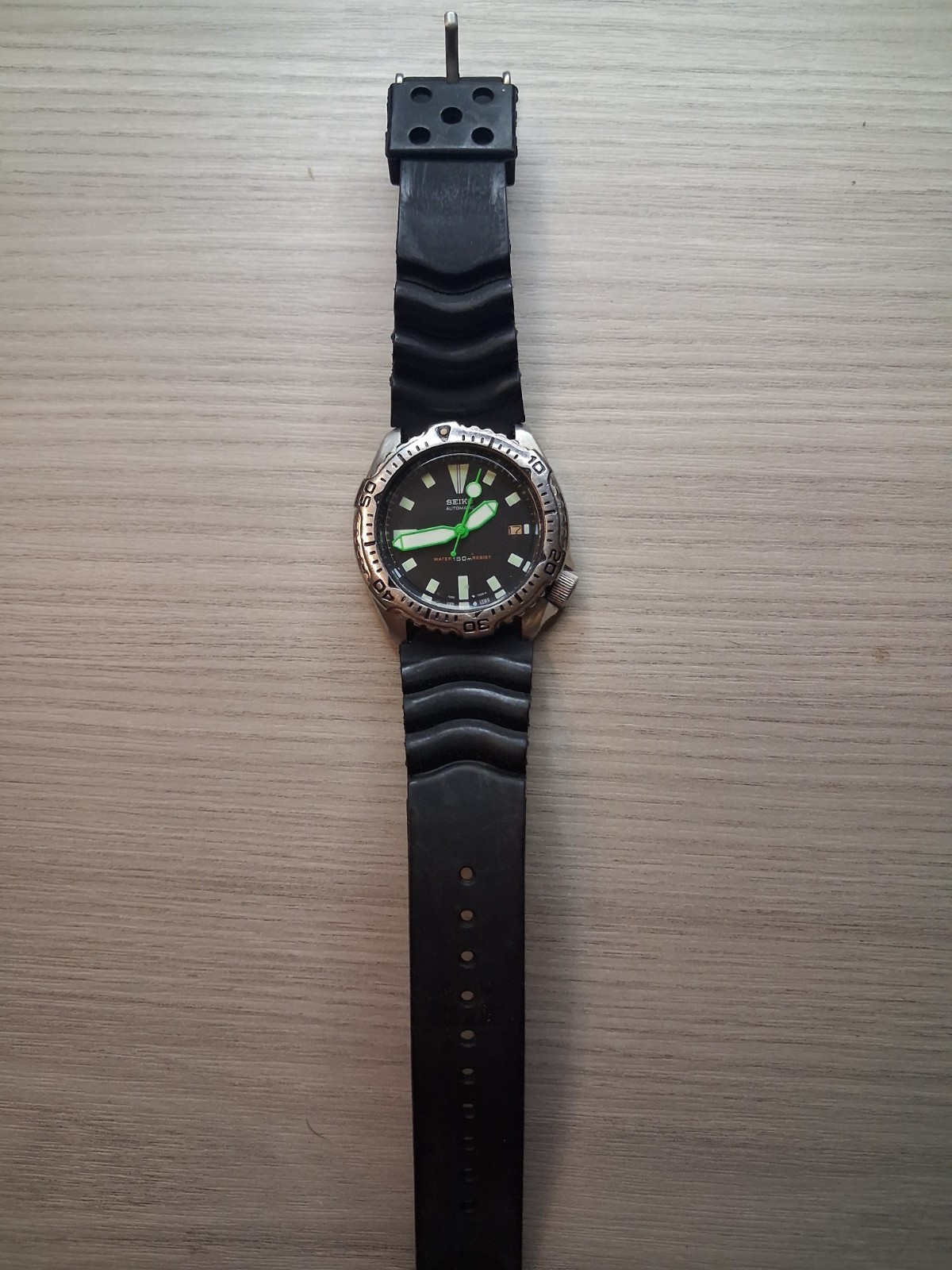 Seiko 7002 Automatic Diver Mod 42mm Custom Black Dial Green Hands Rubber Strap