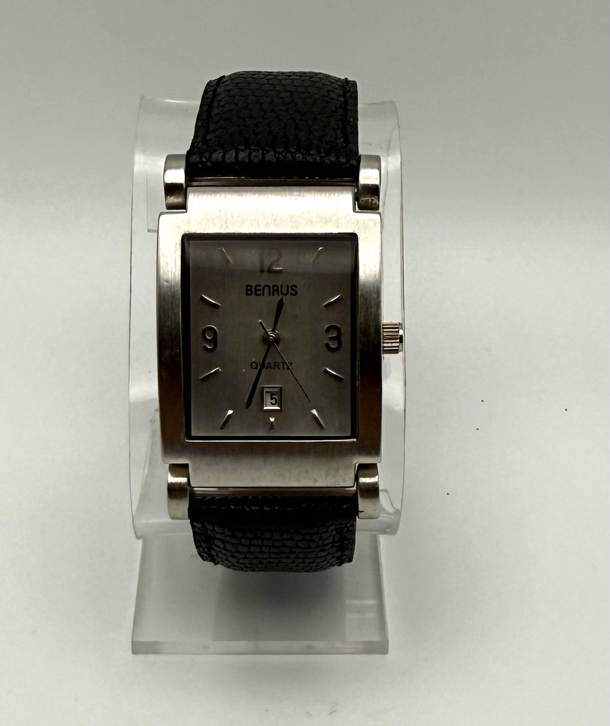 Benrus Quartz Vintage Rectangle Silver Dial Date Black Leather Strap Watch
