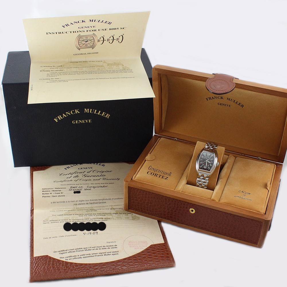 Franck Muller Conquistador 8005SC Black Dial Stainless Steel Box Papers 2009
