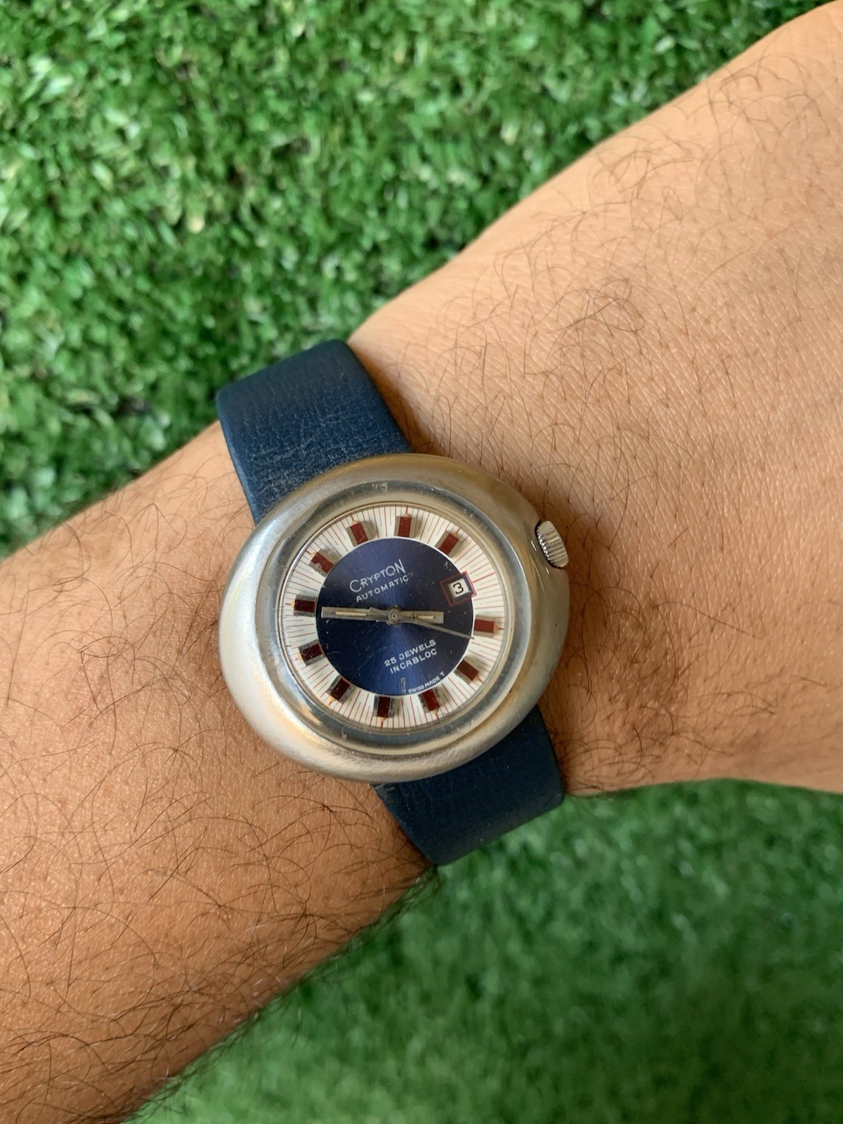 Crypton Automatic Mechanical Watch 25 Jewels Date Blue 37mm 1970s Vintage Red