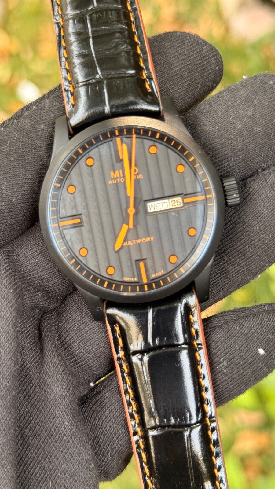 Mido Multifort Day-Date Swiss Automatic Black PVD Orange Dial Day-Date