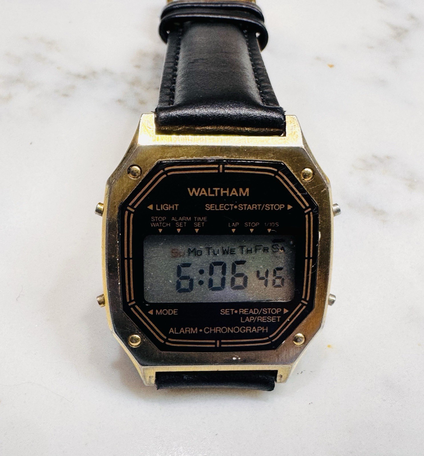 Waltham Digital Alarm Chronograph Wristwatch Black Leather Band Gold Case 34.4mm