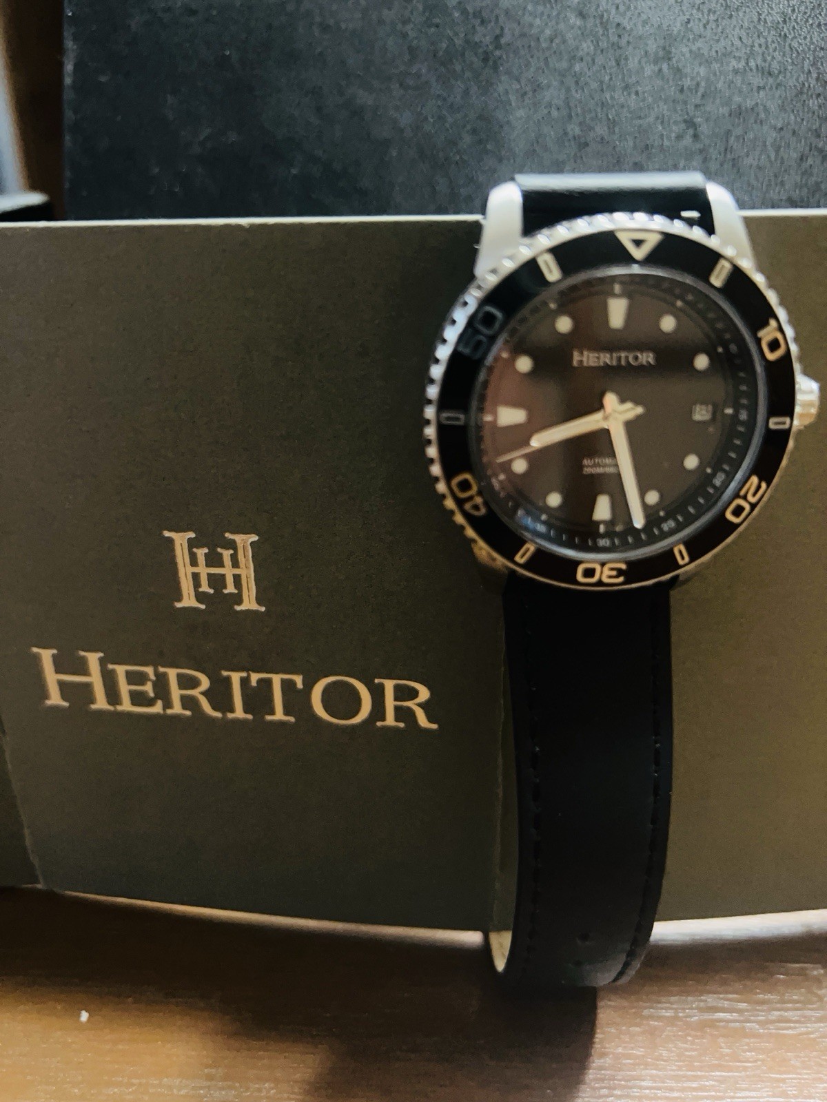 Heritor Men’s Automatic Diver Watch Black Dial Leather Strap Date w/ Box