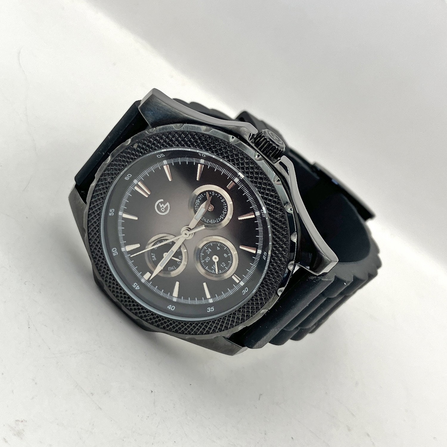 George Urge Multi Function Day Date Watch Black Steel WR 330ft 42mm Mens