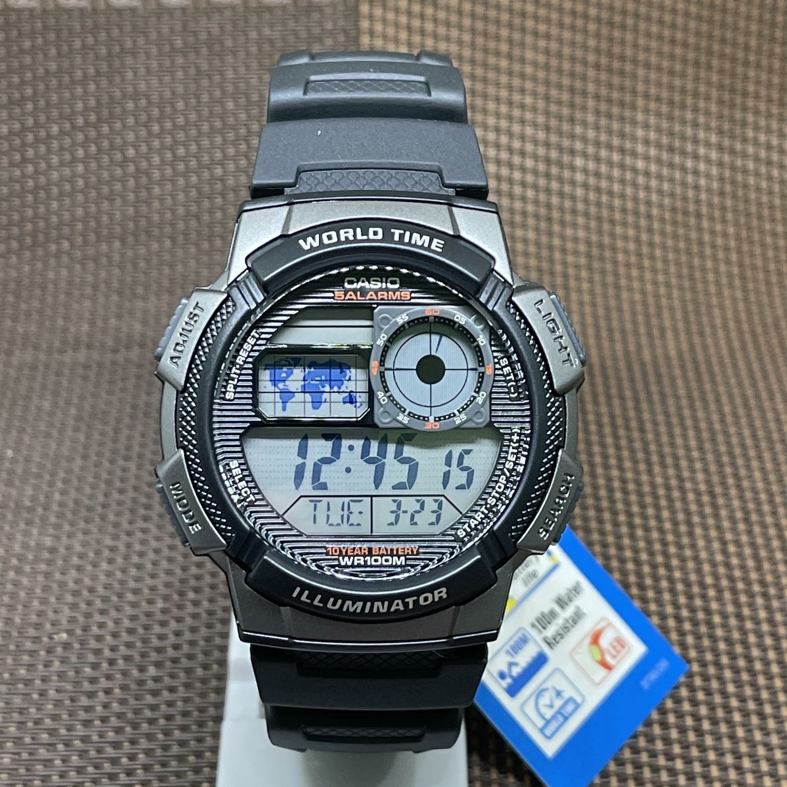 Casio AE-1000W-1B 10 Year Battery Life World Time Digital Resin Alarm Watch