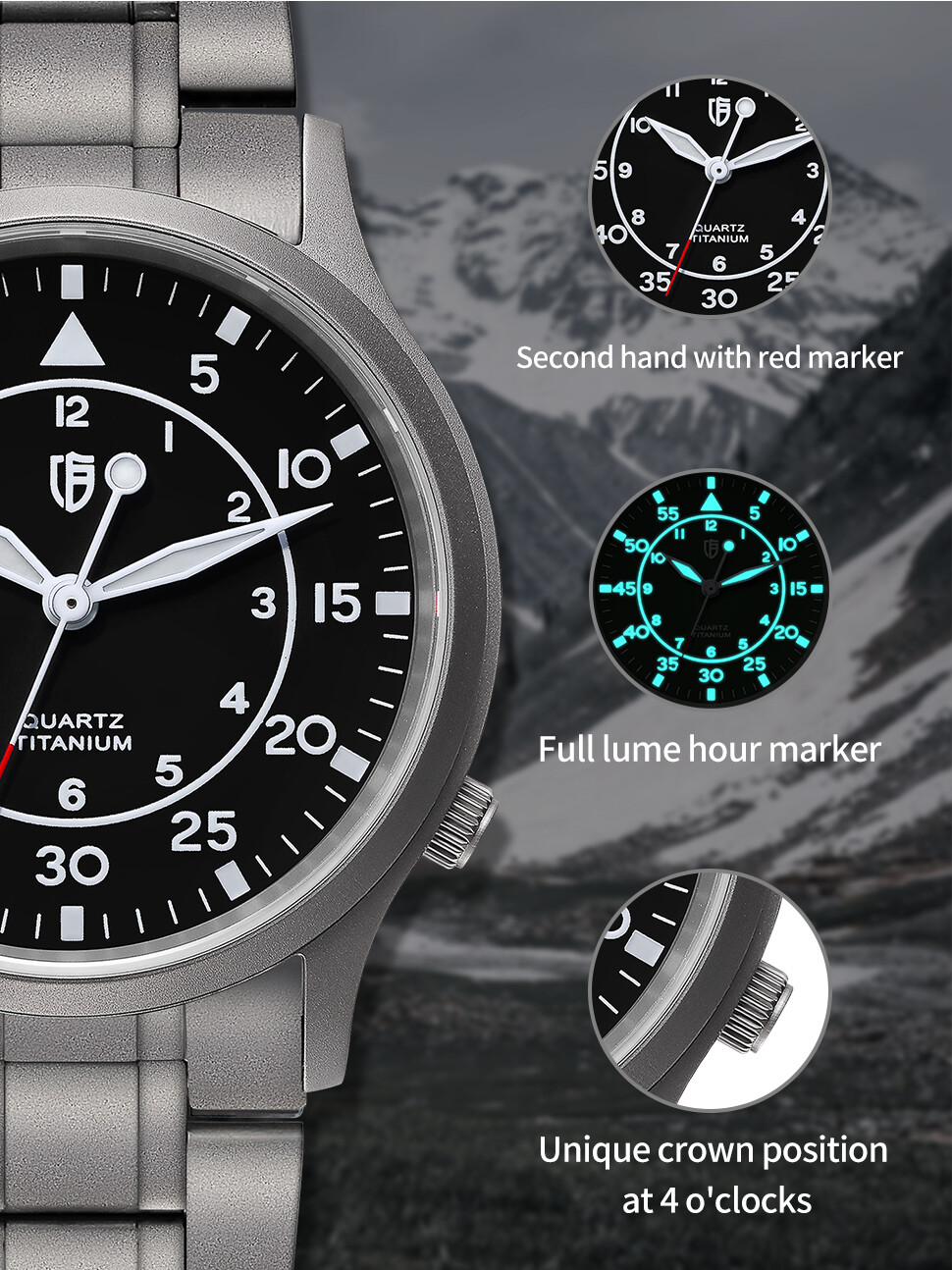 BERNY Men’s Titanium Quartz Watch Lightweight Sapphire Glass Luminous 5Bar