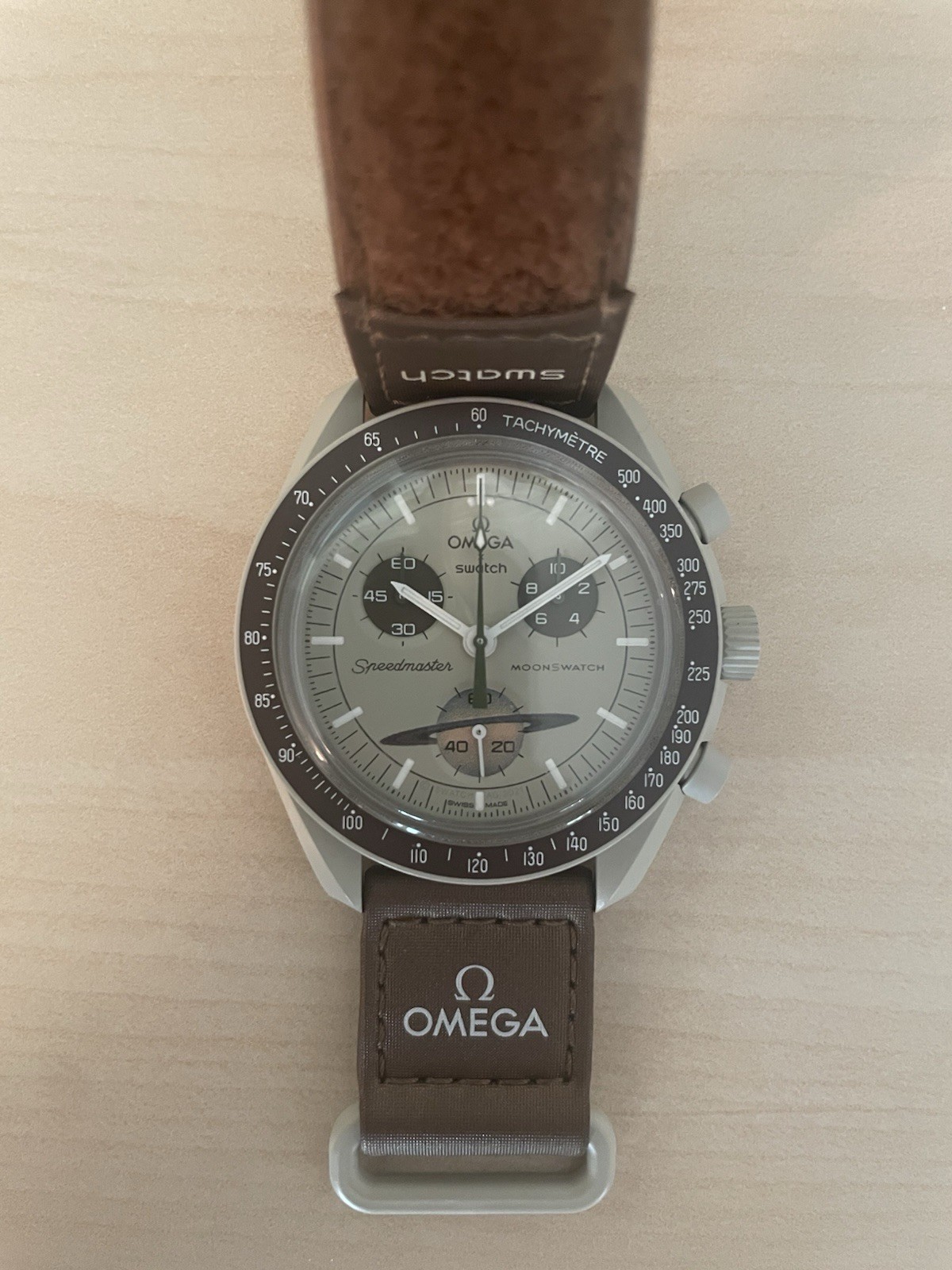 Swatch x Omega Bioceramic Moonswatch Mission To Saturn 42 mm Beige…