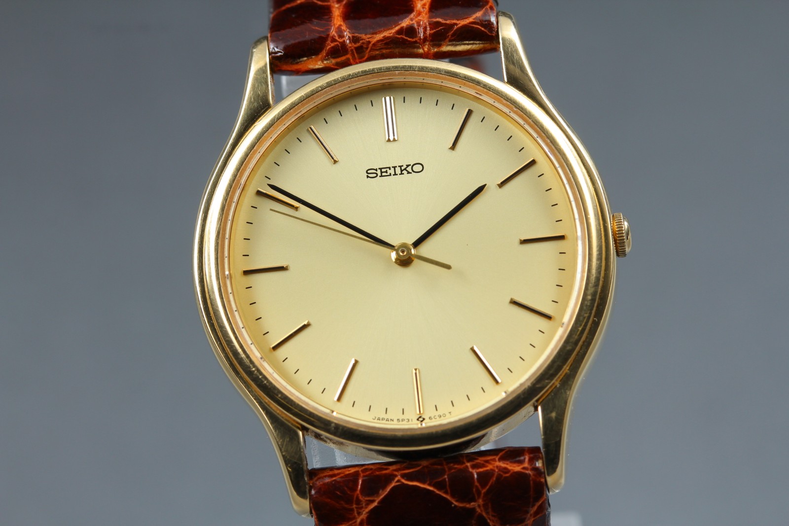 [Near MINT] SEIKO 5P31-6A80 Quartz Watch Gold Dial Brown Leather Strap JAPAN