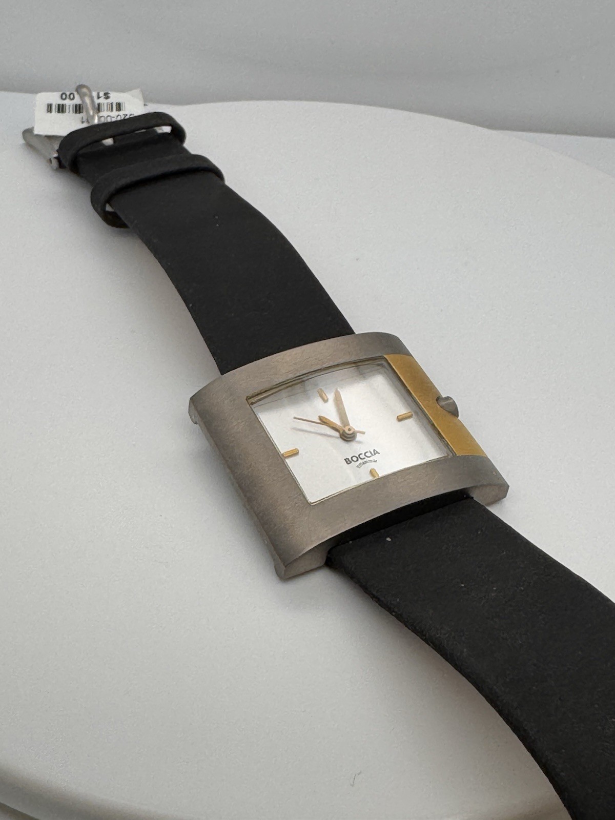 Boccia Watch Square Face White Dial Titanium & Gold-Tone Black Leather Vintage