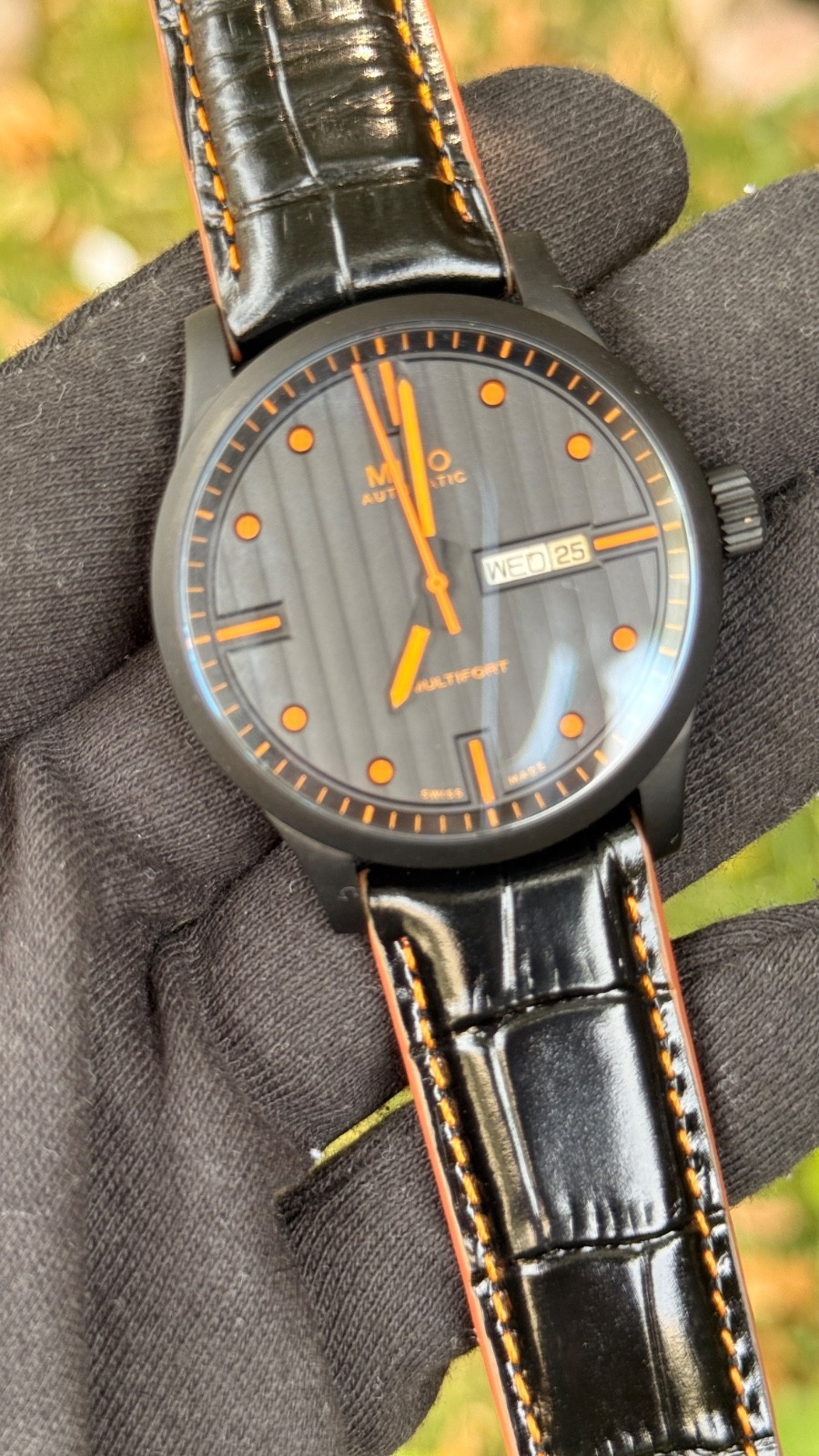 Mido Multifort Day-Date Swiss Automatic Black PVD Orange Dial Day-Date