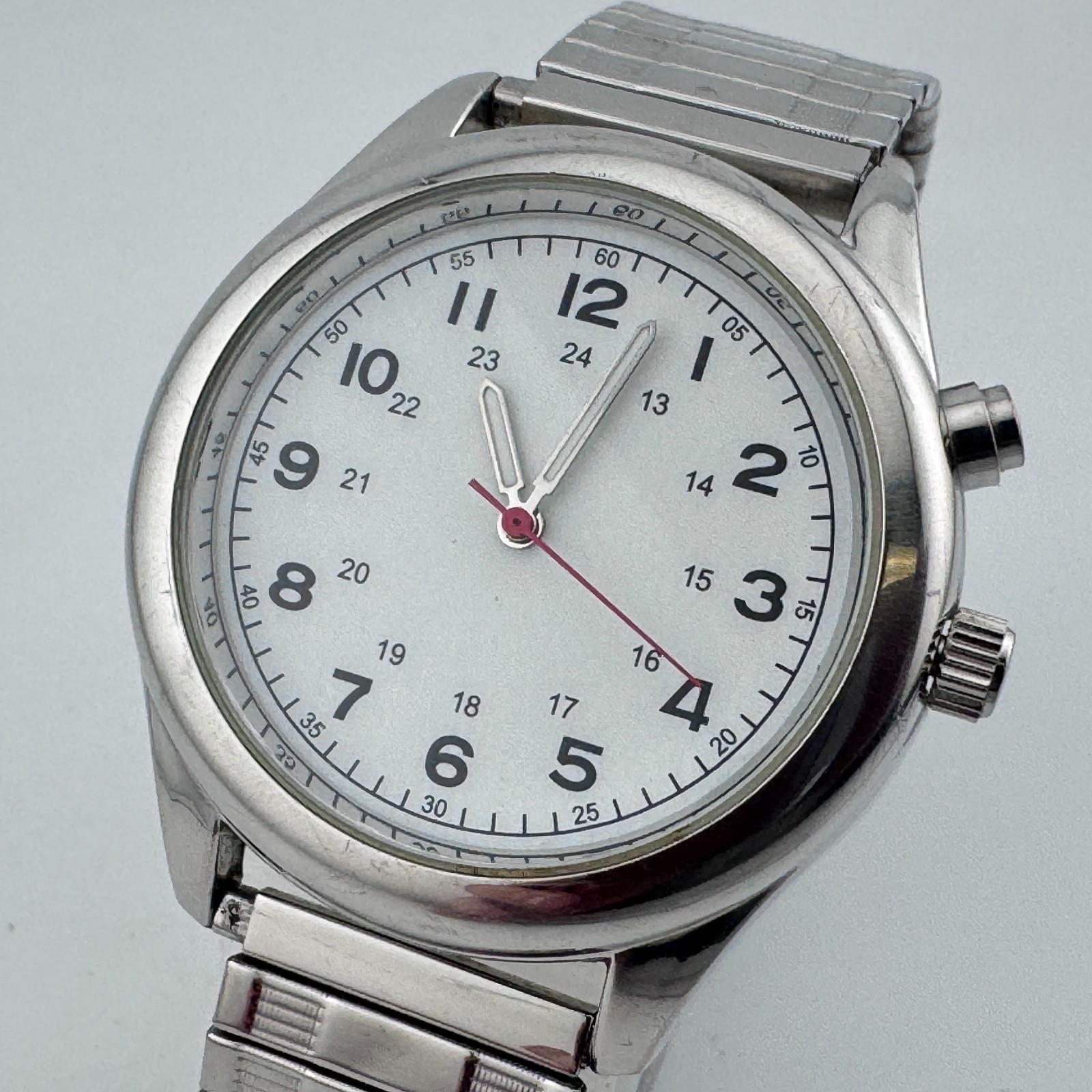 VTG FMD Quartz Watch Men Silver Military Dial Backlight Stretch 41mm New Battery