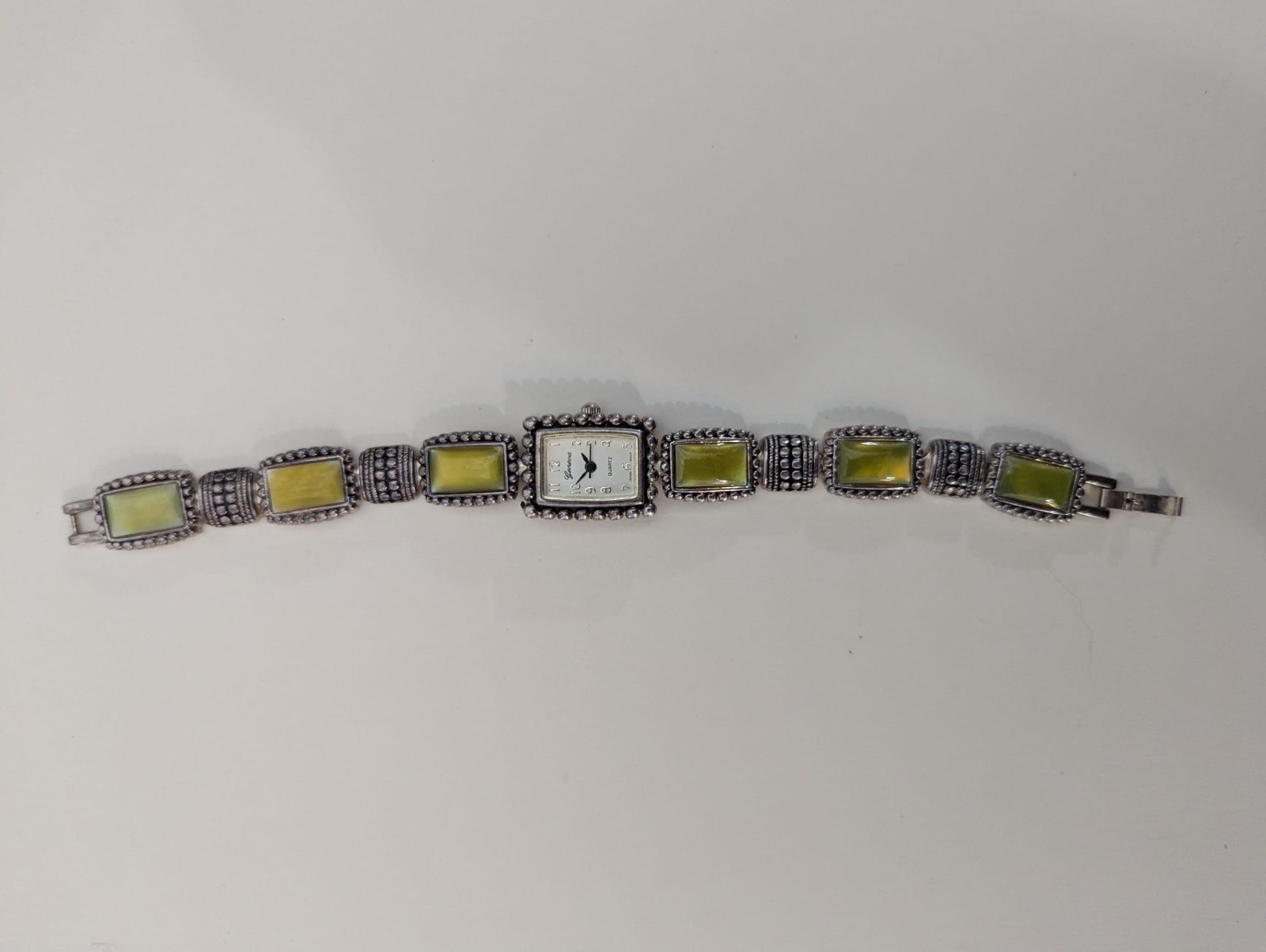 Geneva Ladies Quartz Watch Rectangular Case Green Stone Link Bracelet