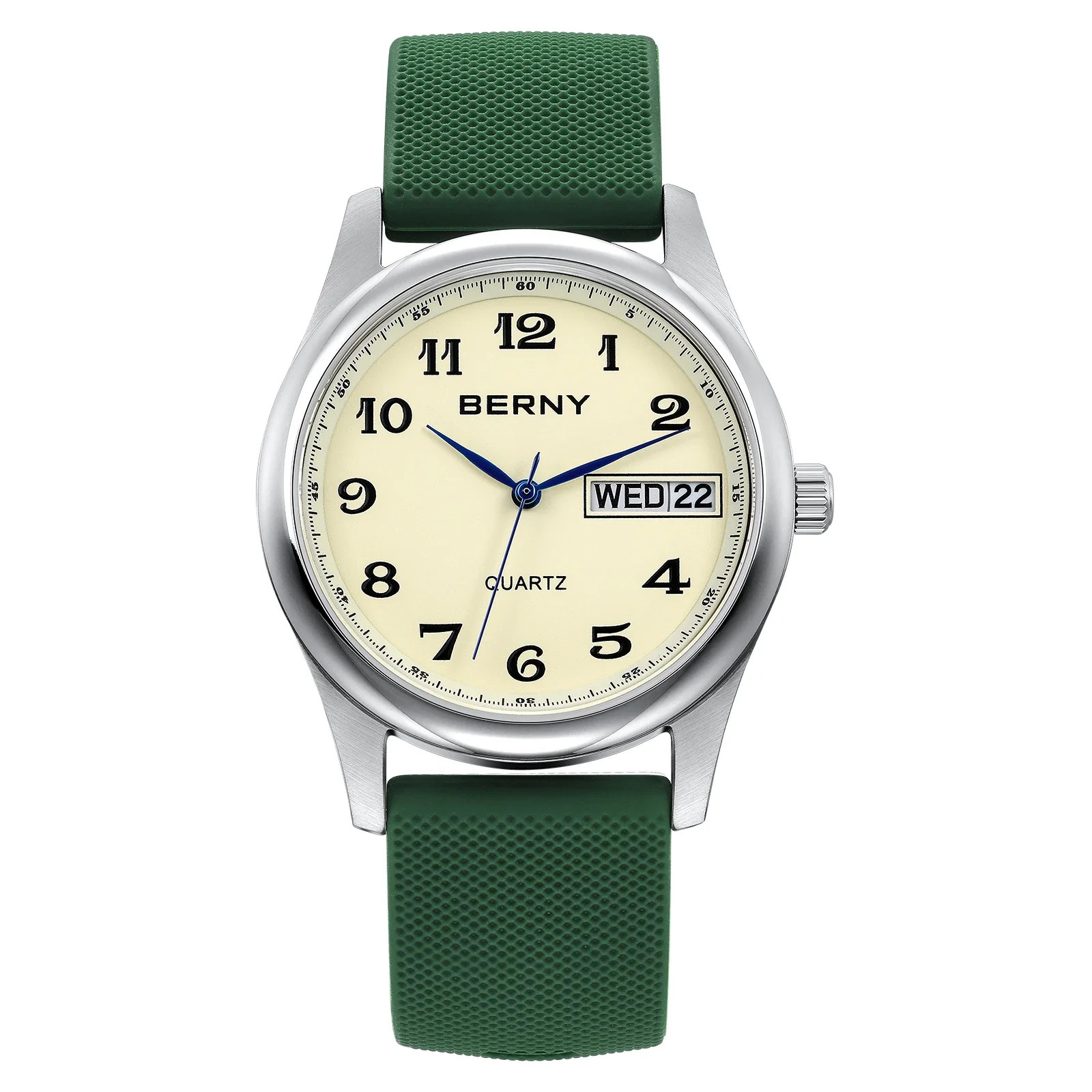 BERNY Men’s Quartz Watch 38mm Day-Date Calendar Stainless Steel Silicone Strap