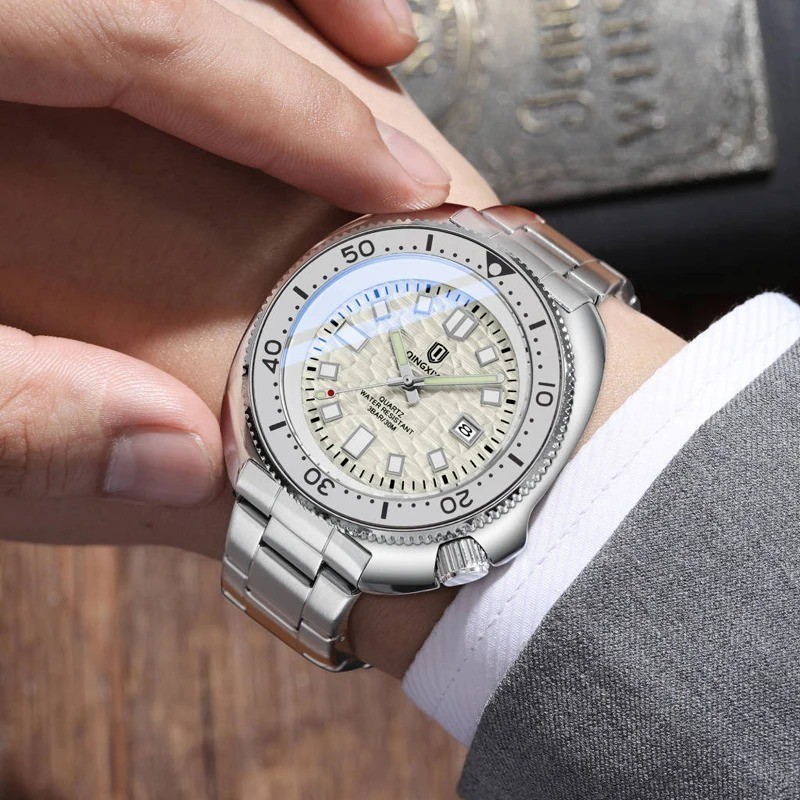 44MM QINGXIYA Tuna Quartz Mens Watch Stainless Steel 30M Waterproof Luminous NEW