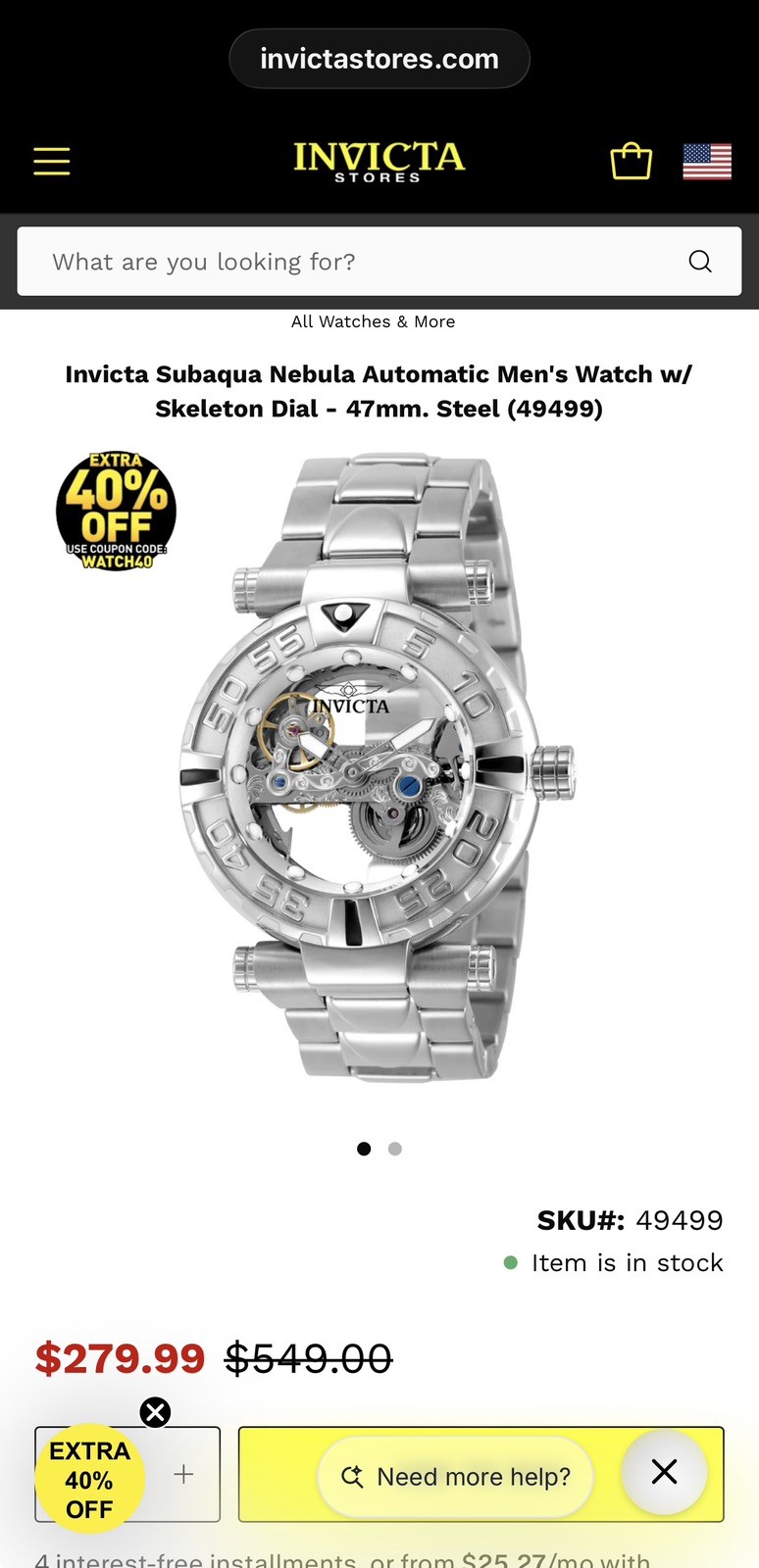Invictas 47mm Automatic Silver “Subaqua” On SS Band Mens Big Boy Watch #49499