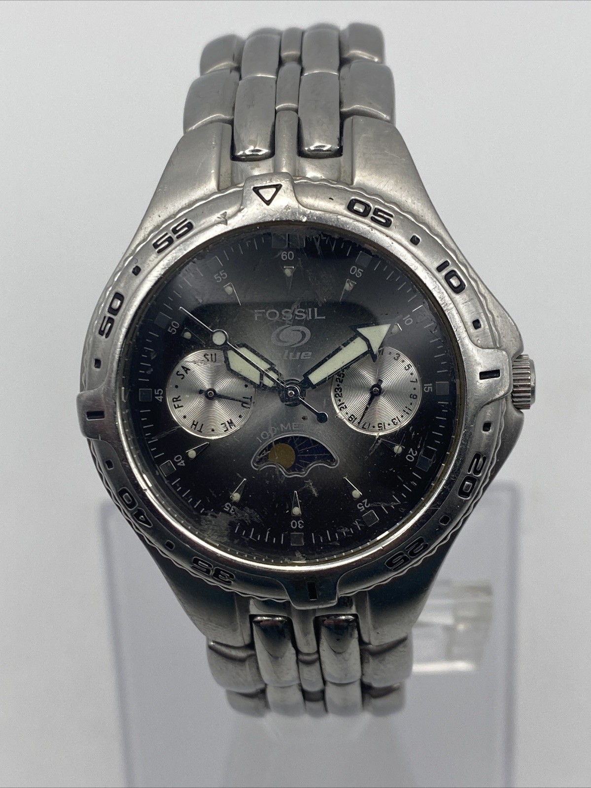 FOSSIL Blue BQ-9142 Moon Phase Steel Quartz Women’s Watch Sz. 6.5″ New Battery
