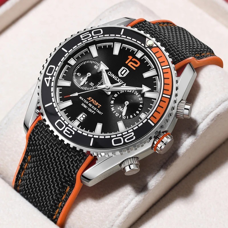 44MM QINGXIYA Quartz Diver Men’s Watch Nylon 30M Waterproof Date Luminous NEW