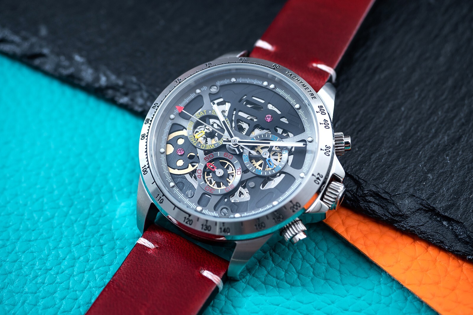 Mens Automatic Mechanical Watch Calendar Silver Dark Red Oil Waxed Leather Gift