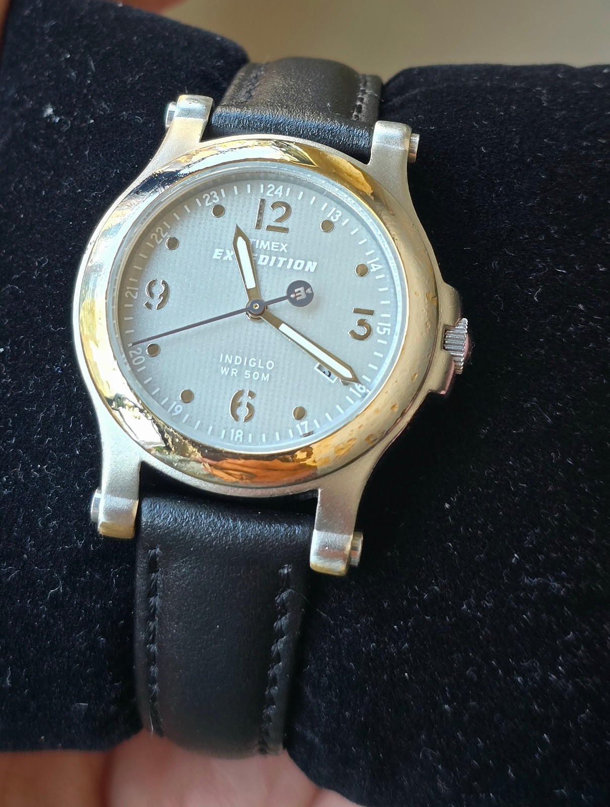 Vintage Timex Women’s Watch, Expedition, Gray Dial, Indiglo, Black Leather, 30mm