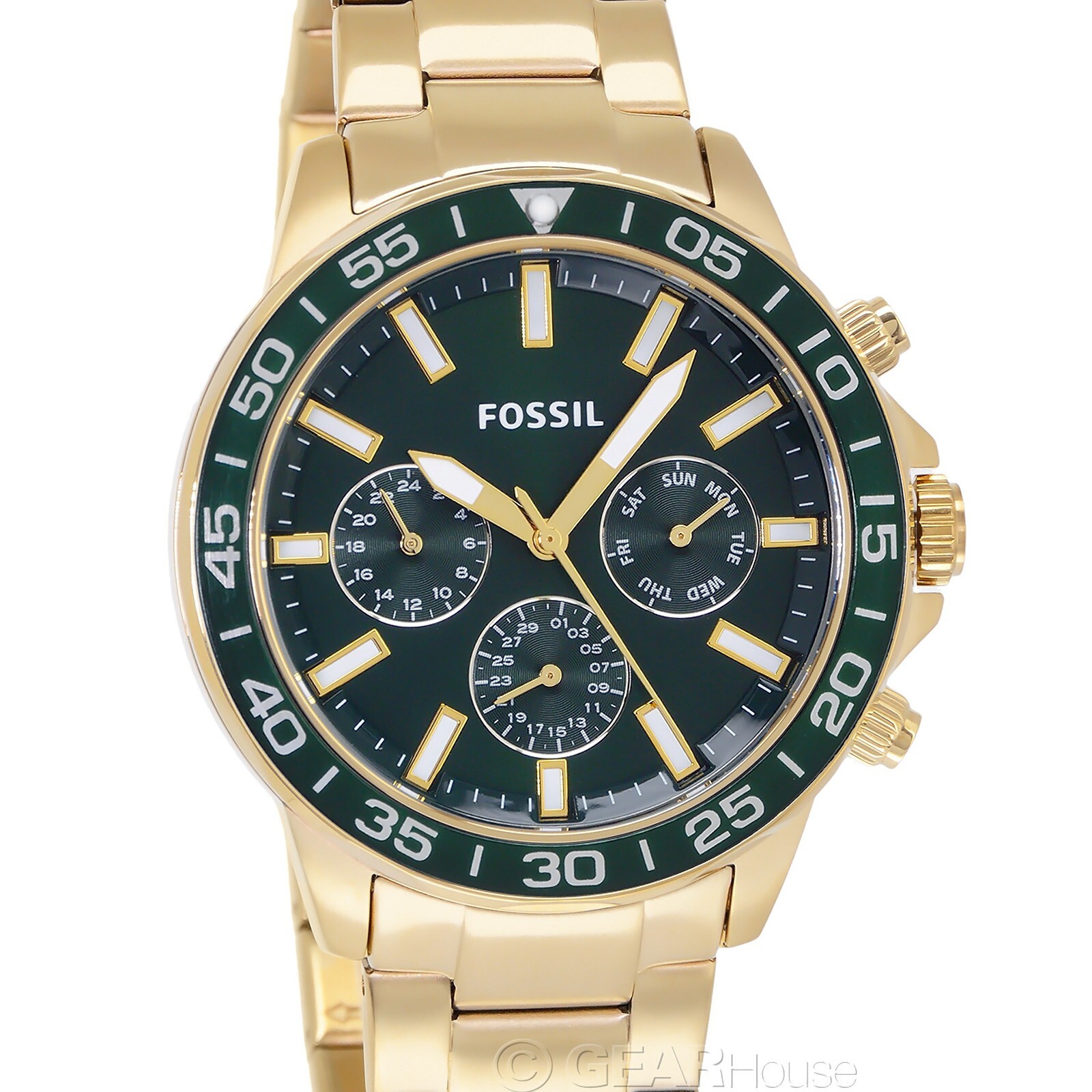FOSSIL Bannon Mens Multifunction Watch Dark Green Dial Gold Stainless Steel Band