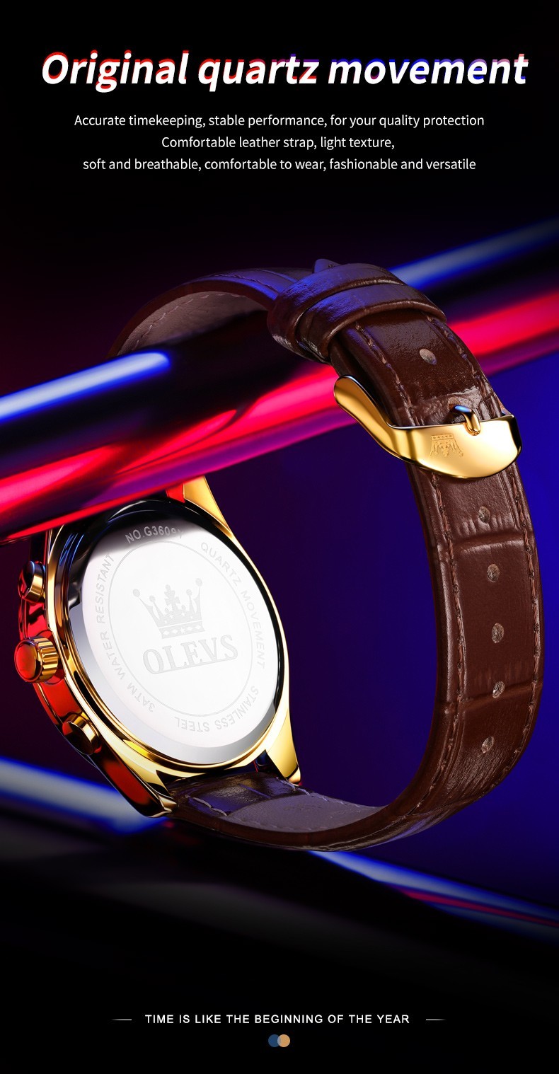 OLEVS 3609 Luminous Night Light Three Dial Japan Movement Leather Quartz Watch