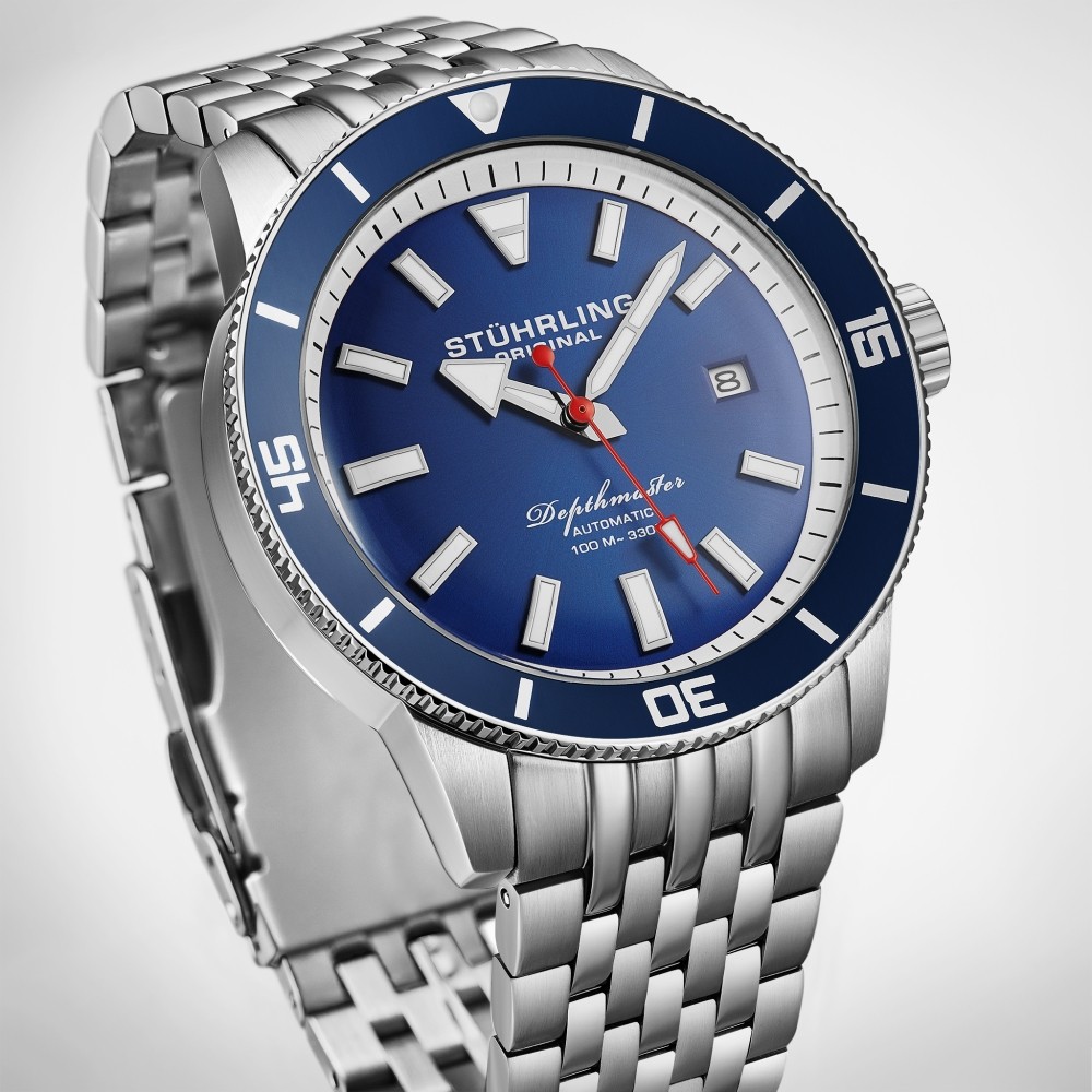 Stuhrling 4086 2 Aquadiver Depthmaster Automatic Date Blue Dial Mens Watch