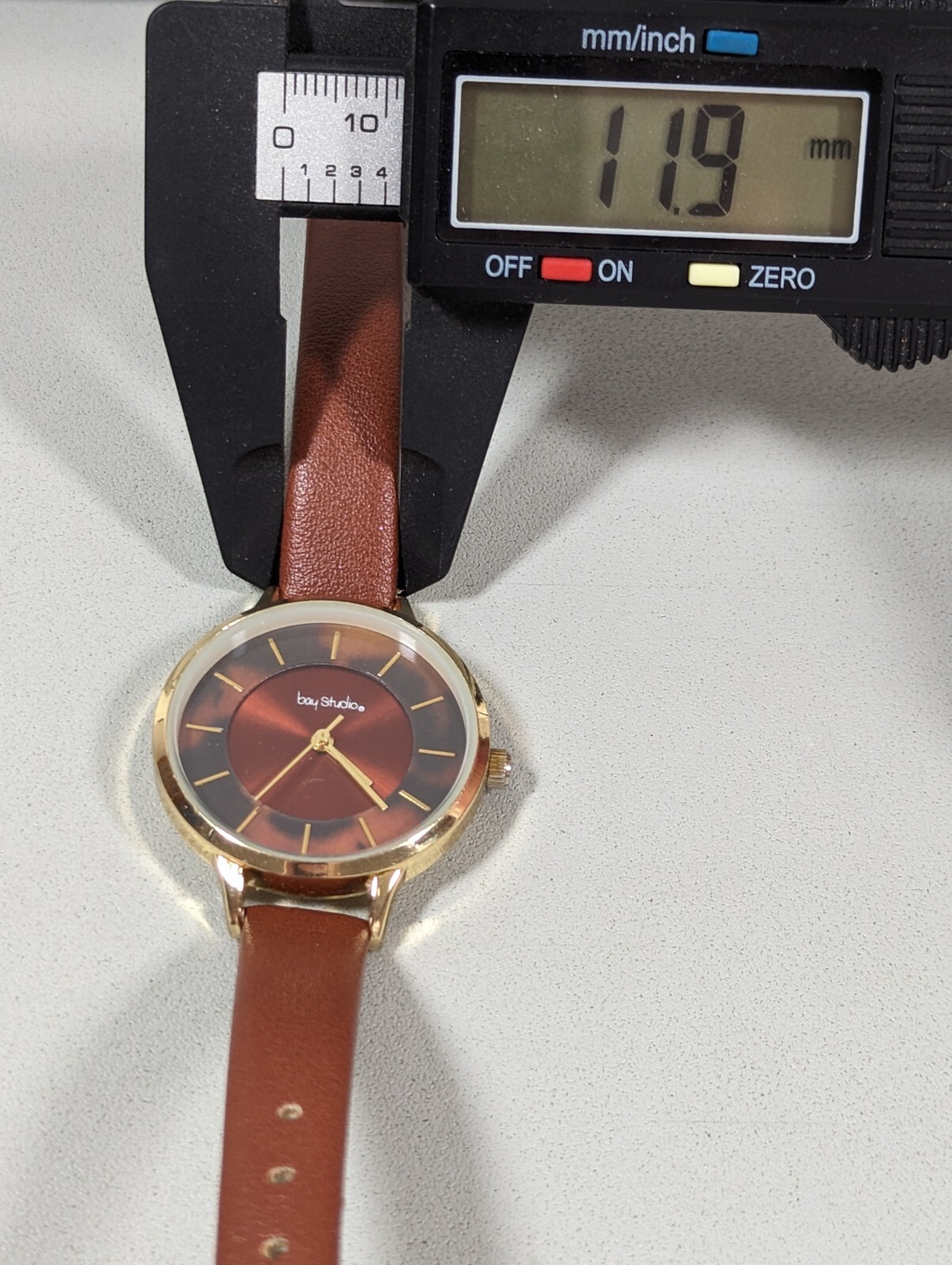 Bay Studio Brown Red Dial Gold Tone Case Brown Faux Leather Band Watch 8 Inch
