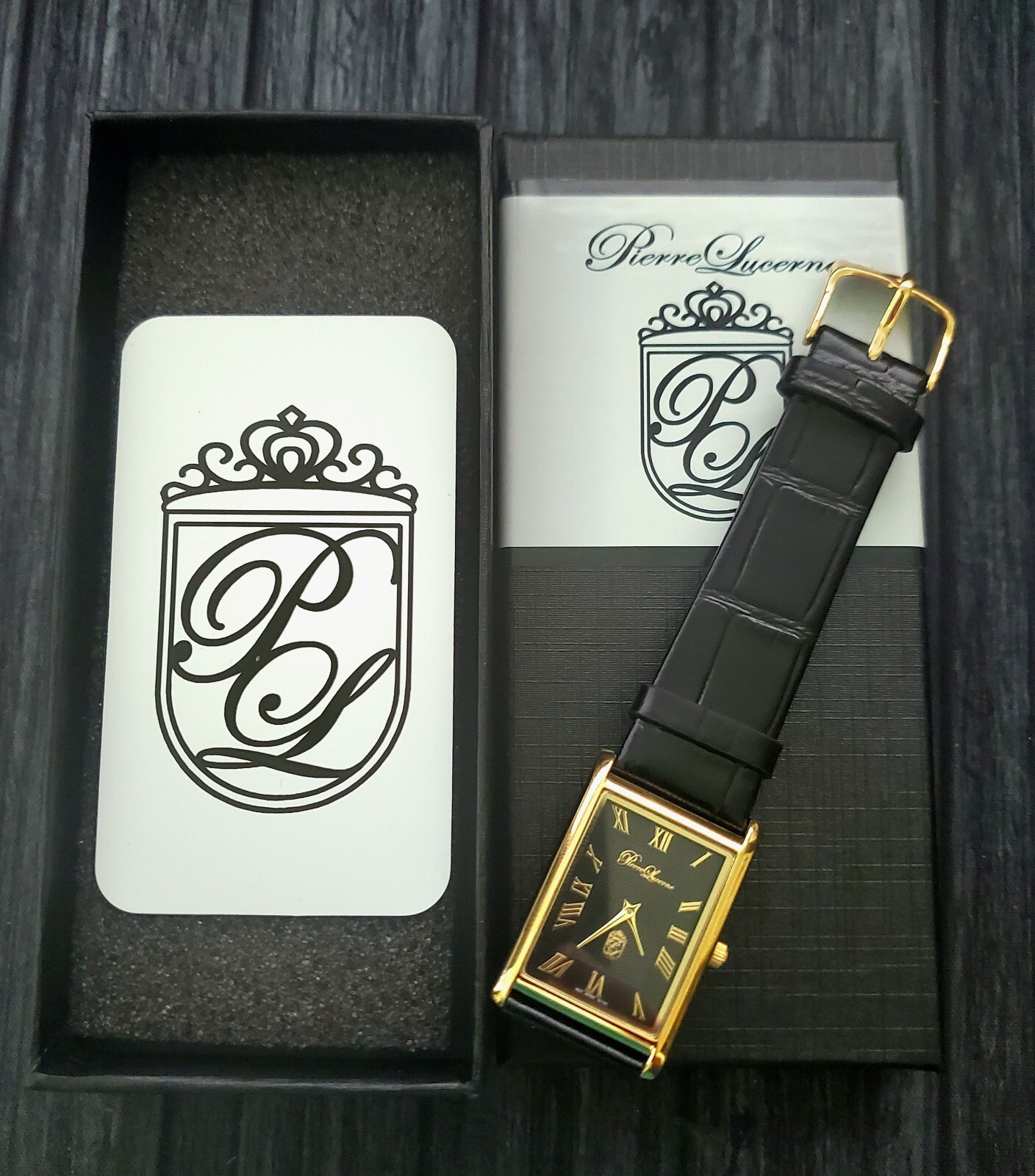 Authentic Pierre Lucerne Slim Quartz Mens BLK Tank Dress Watch