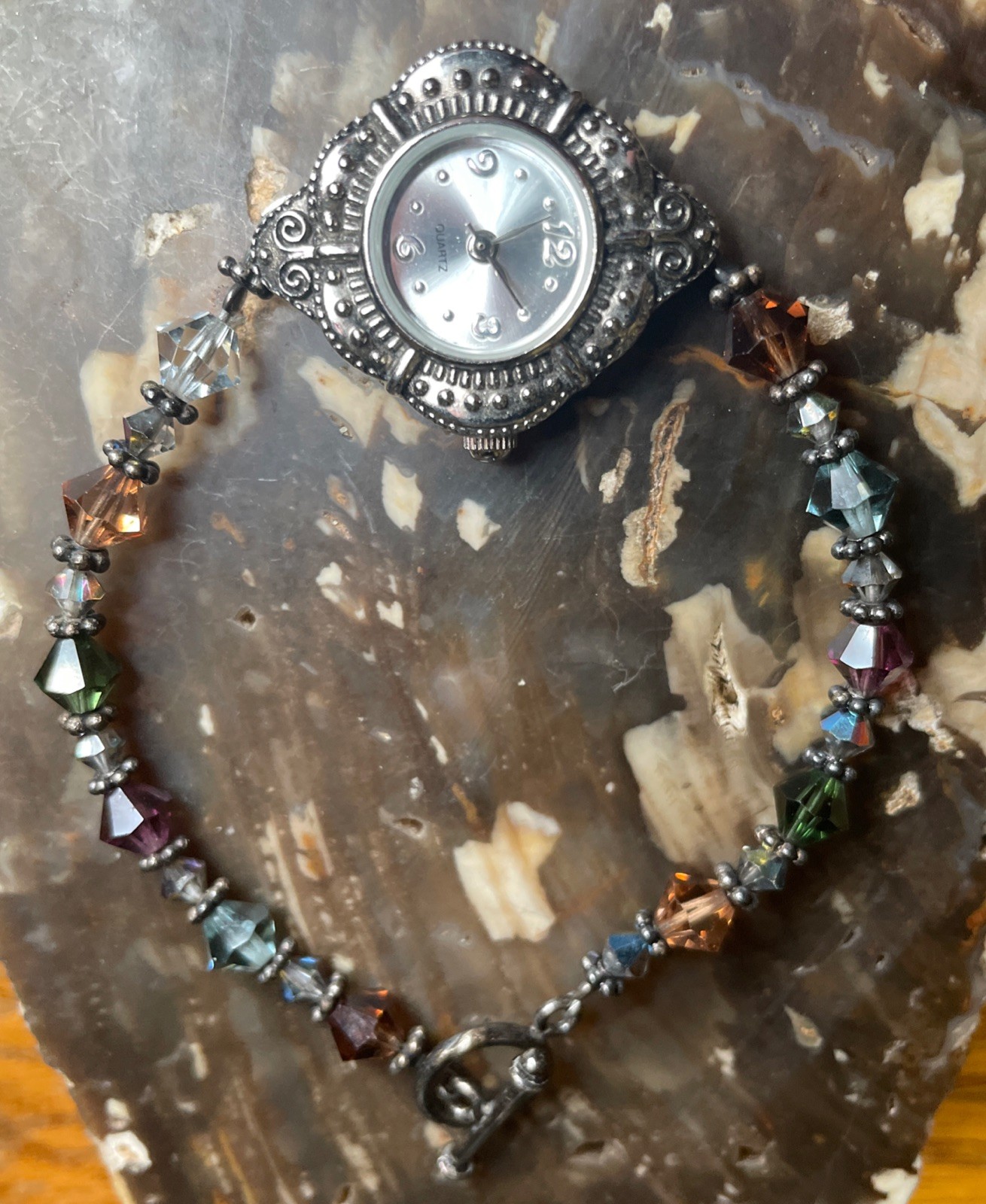Ladies’ Dress Watch With Colorful Glass Beads And Sterling Silver Clasp 7”